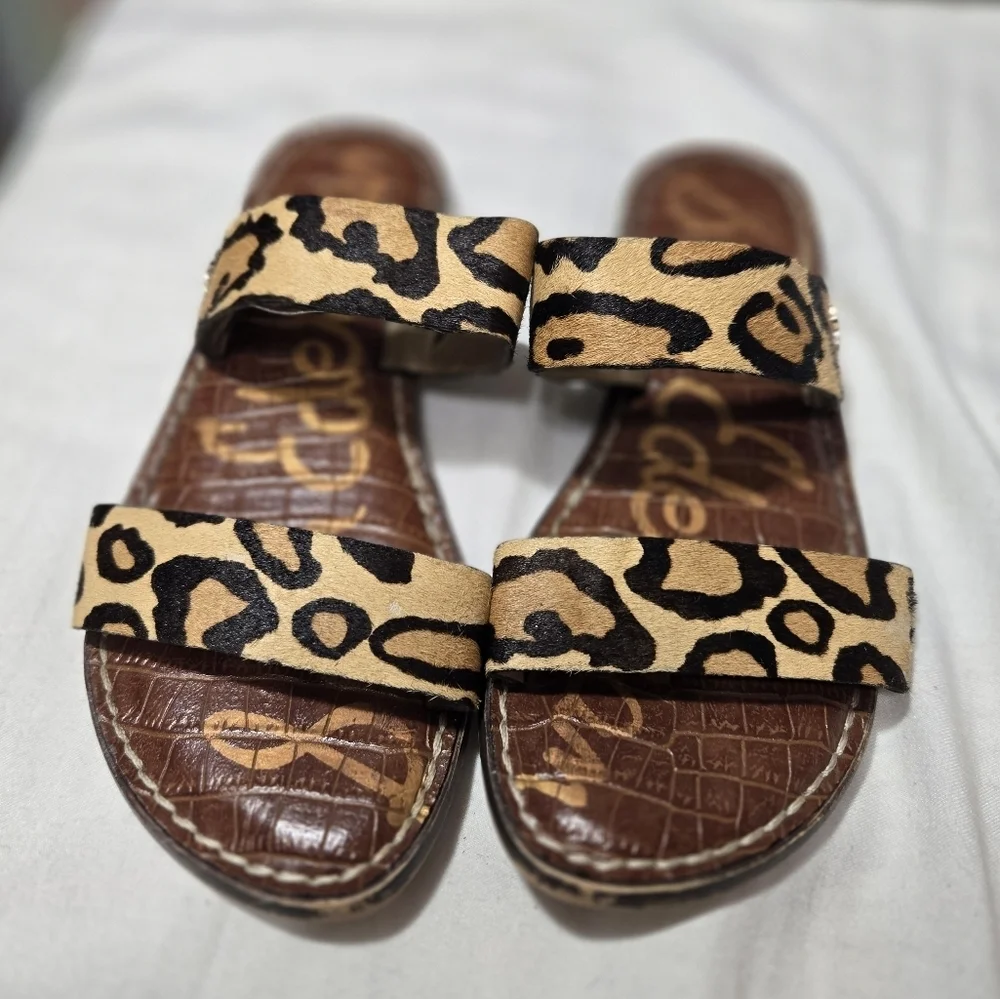 Sam Edelman Gala Double Strap Slide Sandal Leopard Brahma Hair Sz 4